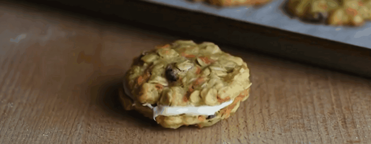 Carrot cake cookies sandwiched with cream cheese frosting. 