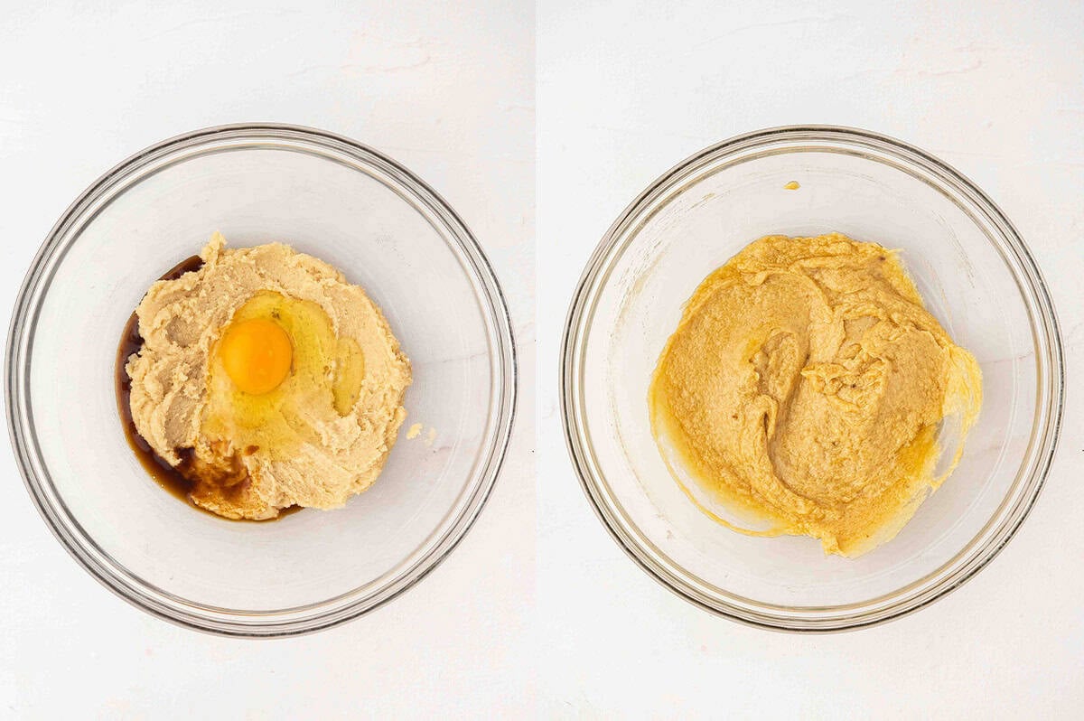 Sugar, egg, and vanilla in a bowl before and after baking