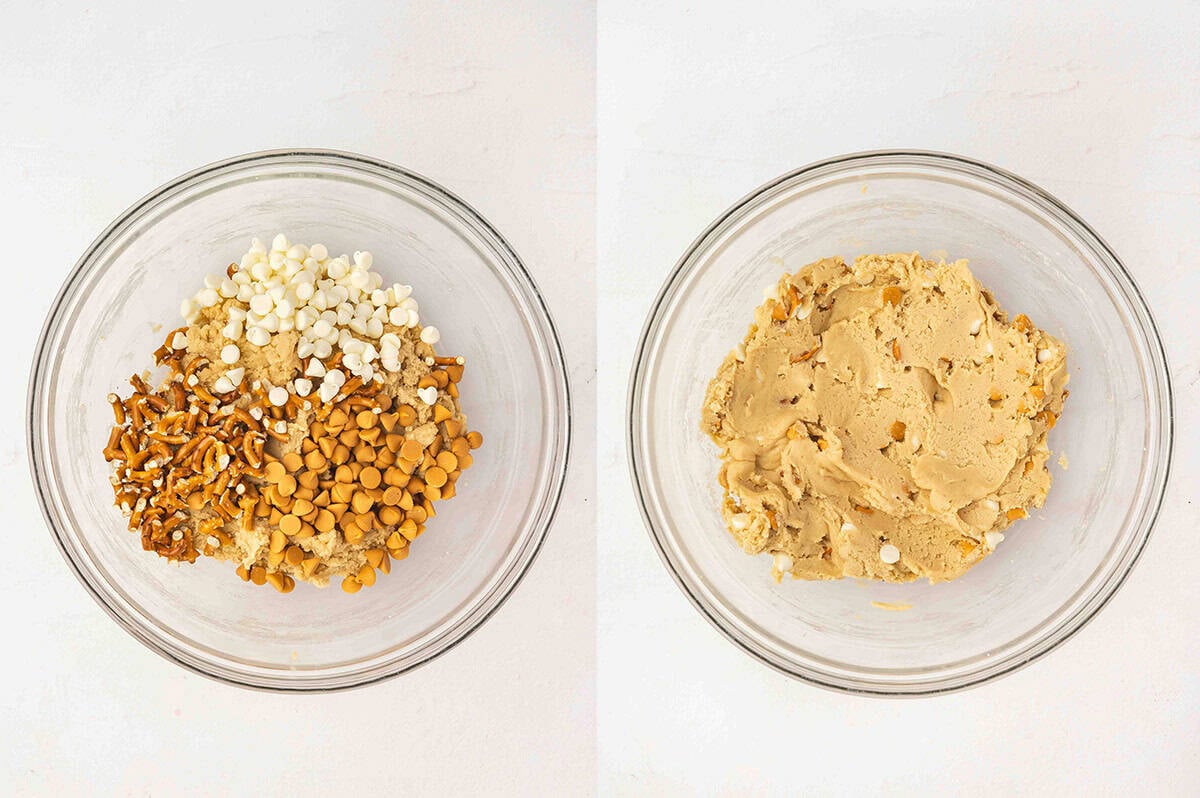 Stirring white chocolate chips, butterscotch chips, and pretzel pieces into cookie dough