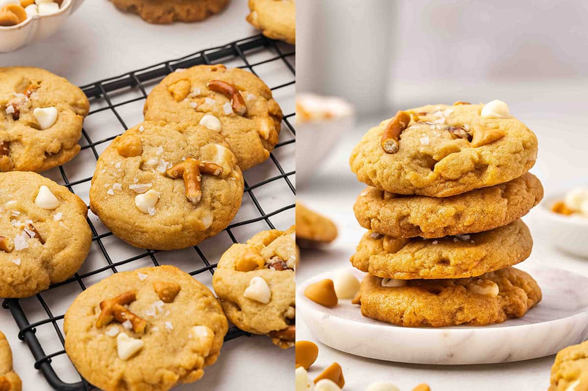 Butterscotch pretzel cookies on a cooling rack and stacked on a plate