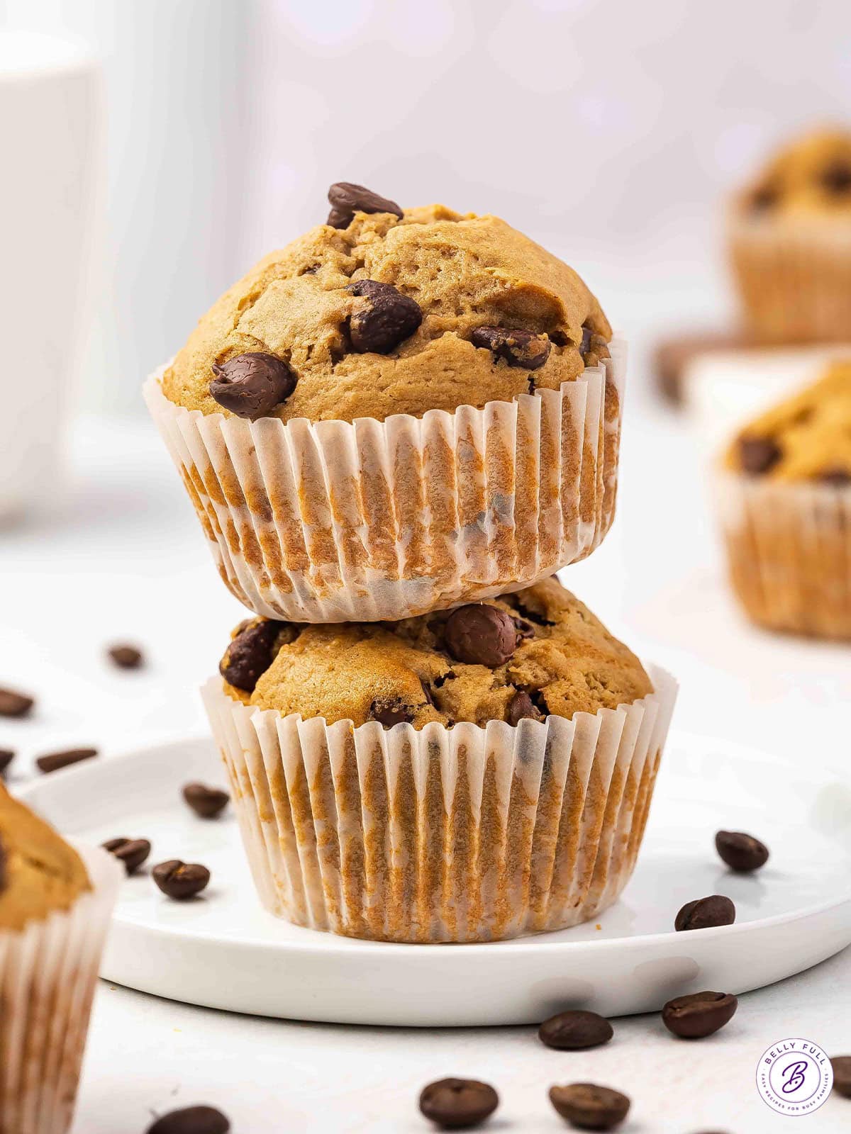 Two chocolate chip coffee muffins piled on each other