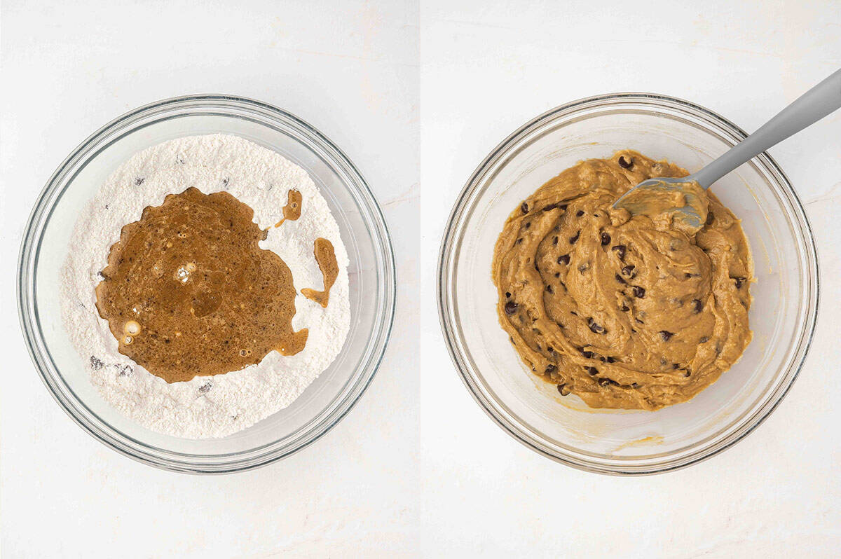 Combining the wet and dry muffin ingredients in a bowl