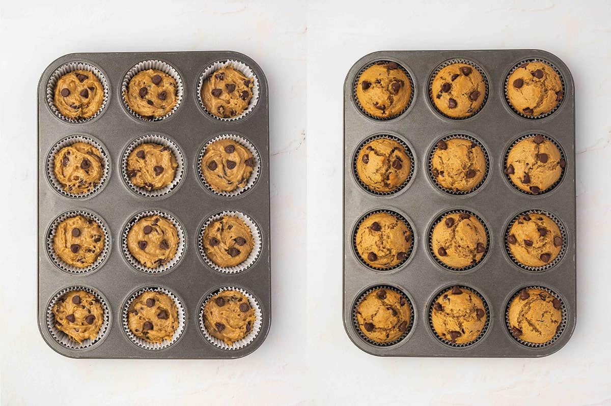 Chocolate chip coffee muffins in a muffin tin before and after baking