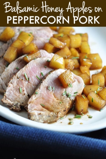 Pork tenderloin is seared in a delicious peppercorn garlic marinade, then topped with a balsamic and honey apple mixture.