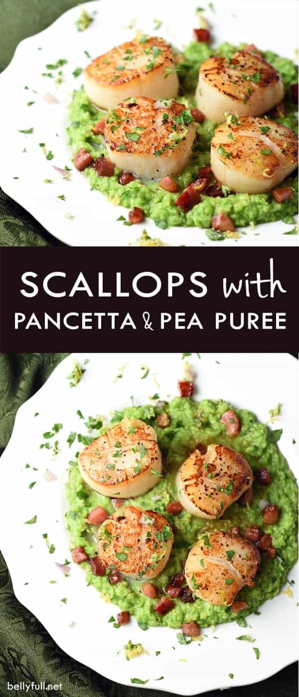 Scallops with Pea Puree and Crispy Pancetta Belly Full
