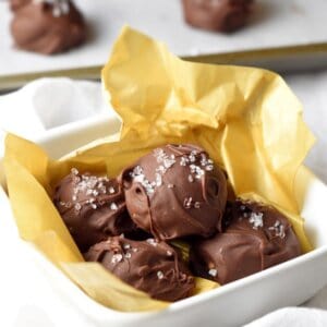 Rich and creamy homemade chocolate truffles made with almond butter and a hint of sea salt for a perfect balance of flavors!