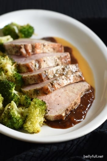 Pork loin filet is rubbed with salt, pepper, and thyme, then roasted and topped with a sublime fig sauce. Festive and simple, perfect for holiday entertaining!