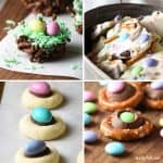 Super easy treats for springtime and Easter! Including Chocolate Pretzel Bark, Bird's Nests, Thumbprint Cookies, and M&M Pretzel Rings.