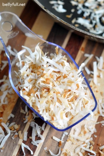 Toasting coconut lends a richer nuttier taste, crunchier texture, and a beautiful golden hue that makes your coconut pie, cake, bars, or macaroons pop!