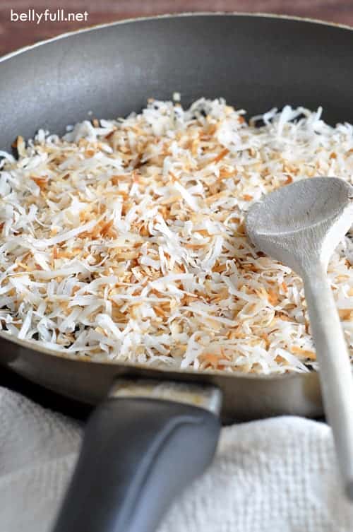 Toasting coconut lends a richer nuttier taste, crunchier texture, and a beautiful golden hue that makes your coconut pie, cake, bars, or macaroons pop!