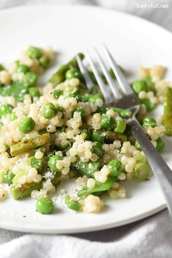 Israeli Couscous with Asparagus, Peas, and Sugar Snaps