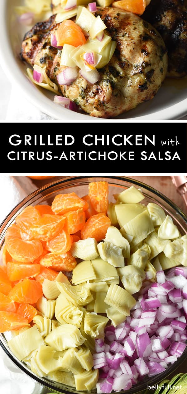 This Citrus Artichoke Salsa is bright and fresh, perfect served with grilled chicken or steak during the summer! #salsa #artichokes #summer #grilling #grilledchicken