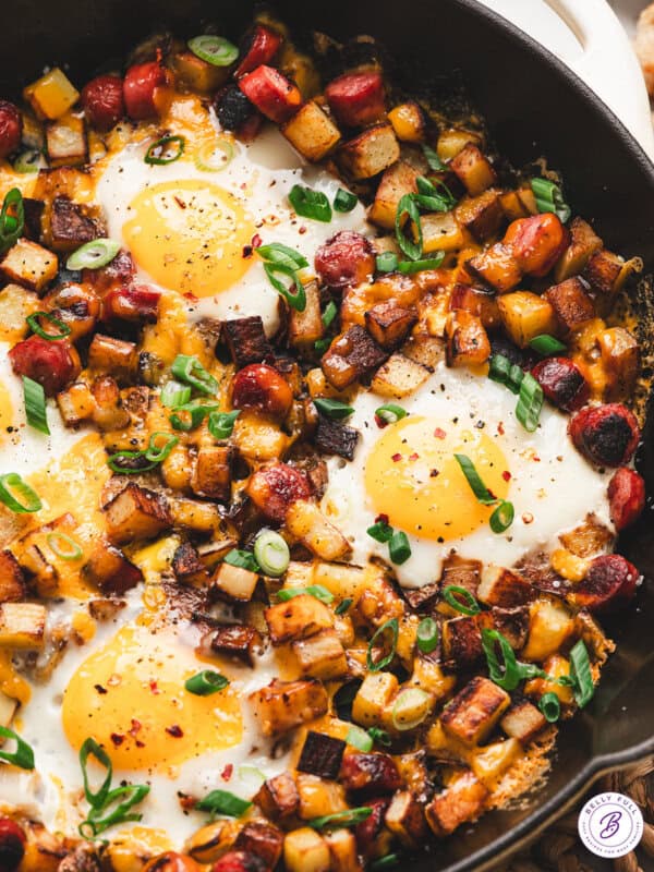 Overhead view of skillet breakfast hash