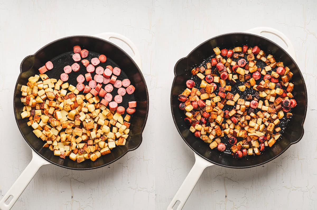 Smoked sausage, diced potatoes, egg, and cheese make this Skillet Breakfast Hash an easy, savory, and hearty breakfast. Diced potatoes and sausage in a cast iron skillet