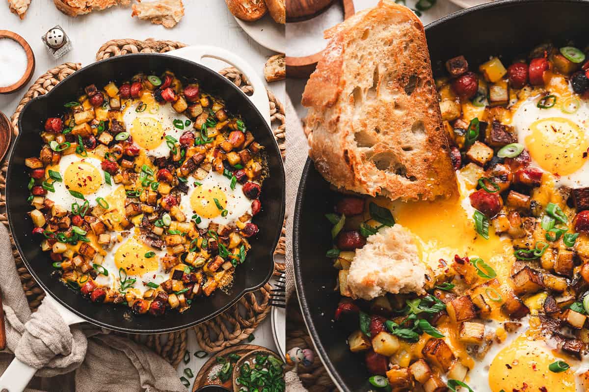 Smoked sausage, diced potatoes, egg, and cheese make this Skillet Breakfast Hash an easy, savory, and hearty breakfast. Skillet breakfast hash and a plate of it next to it
