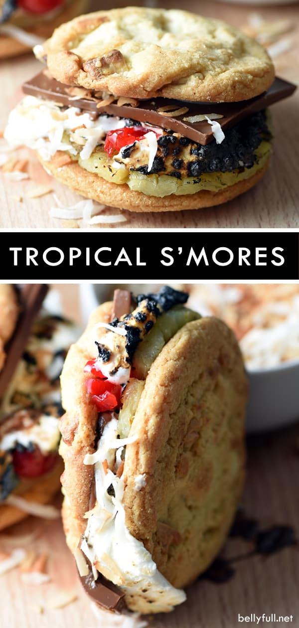 These Tropical S’mores are a fun twist on a classic! S'mores with white chocolate macadamia nut cookies, grilled pineapple, maraschino cherries, chocolate, and toasted coconut. So good! #smores #camping #campingfood #hawaiian