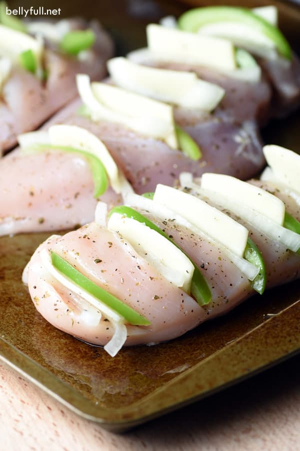 Hasselback Chicken breast stuffed with cheese, bell pepper, and onion