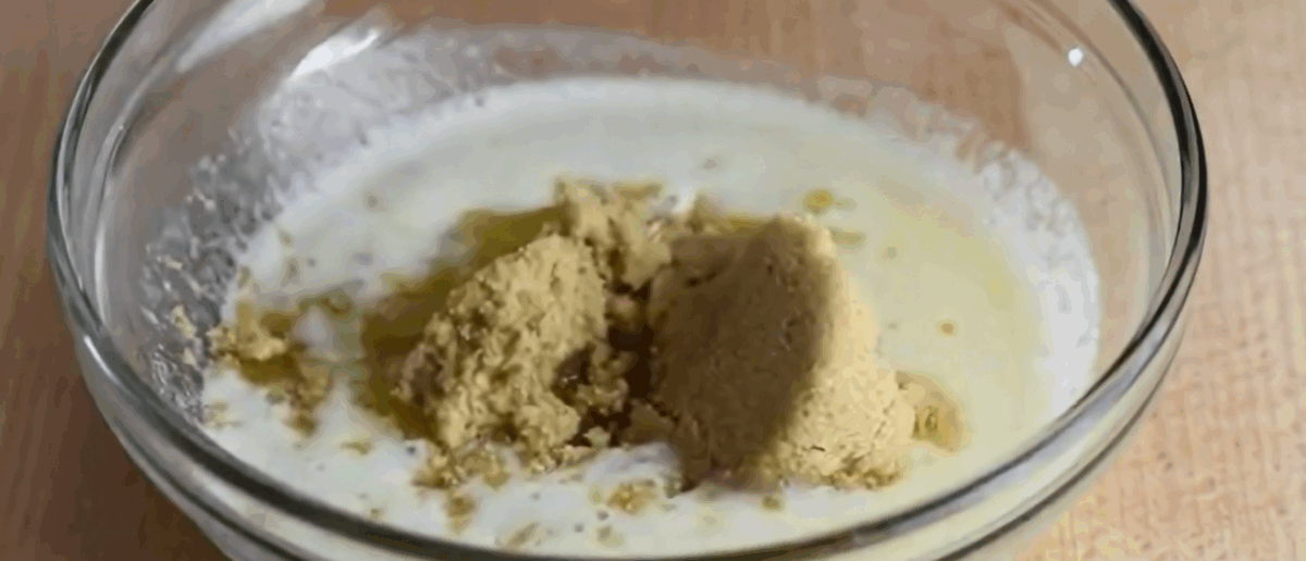 Making the sauce in a glass bowl. 