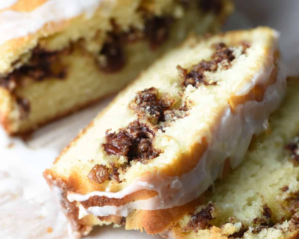 Slices of cinnamon roll quick bread.