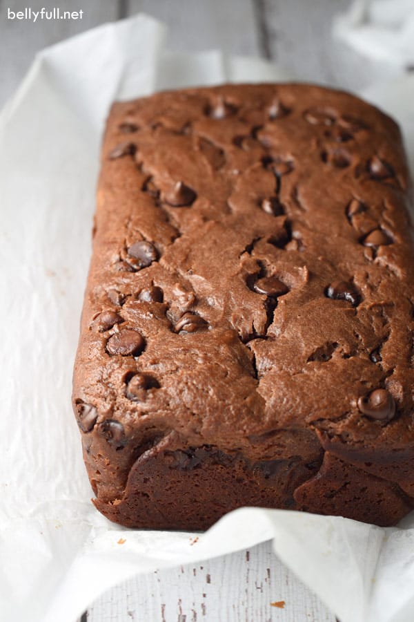 baked chocolate banana bread on parchment paper