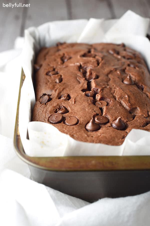 triple chocolate banana bread in loaf pan