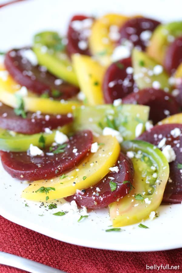 closeup of beet salad recipe with heirloom tomatoes