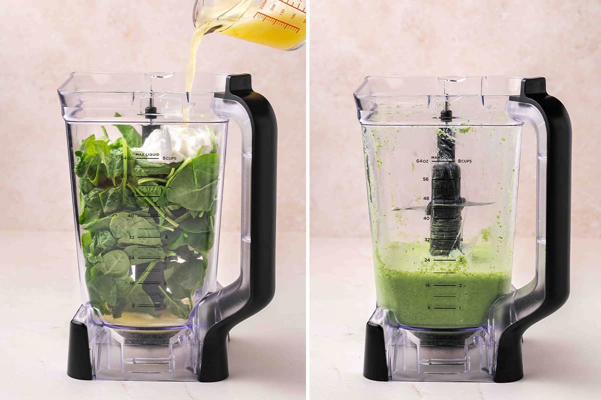 Spinach and Greek yogurt in a blender with pineapple juice being poured in, next to the same ingredients fully blended into a smooth green liquid