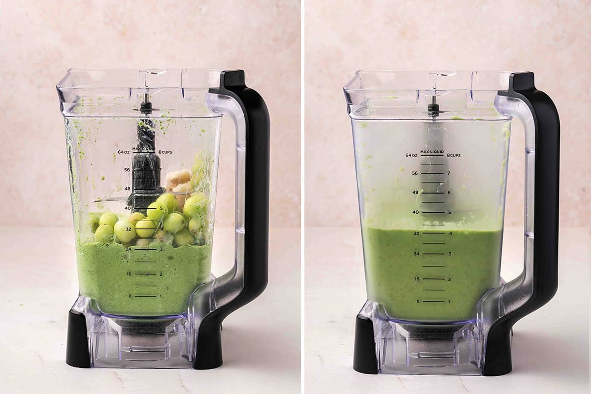 Frozen green grapes and banana added to a blender with green smoothie base, next to the finished smoothie blended until smooth