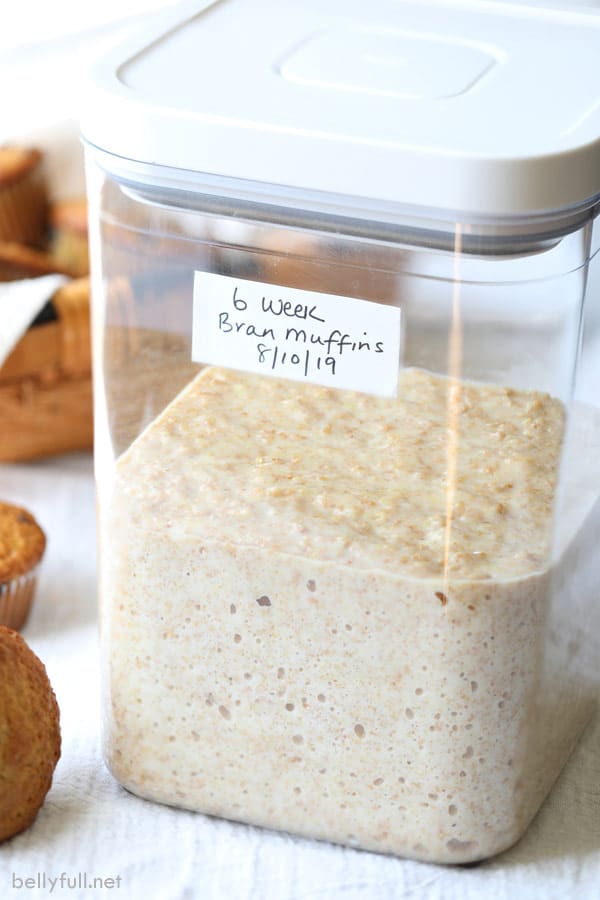 Six-Week Bran Cereal Muffins batter in container