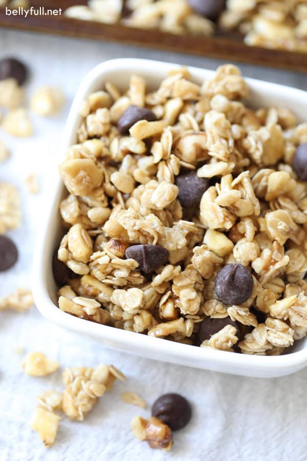 Chunky Monkey granola in white bowl