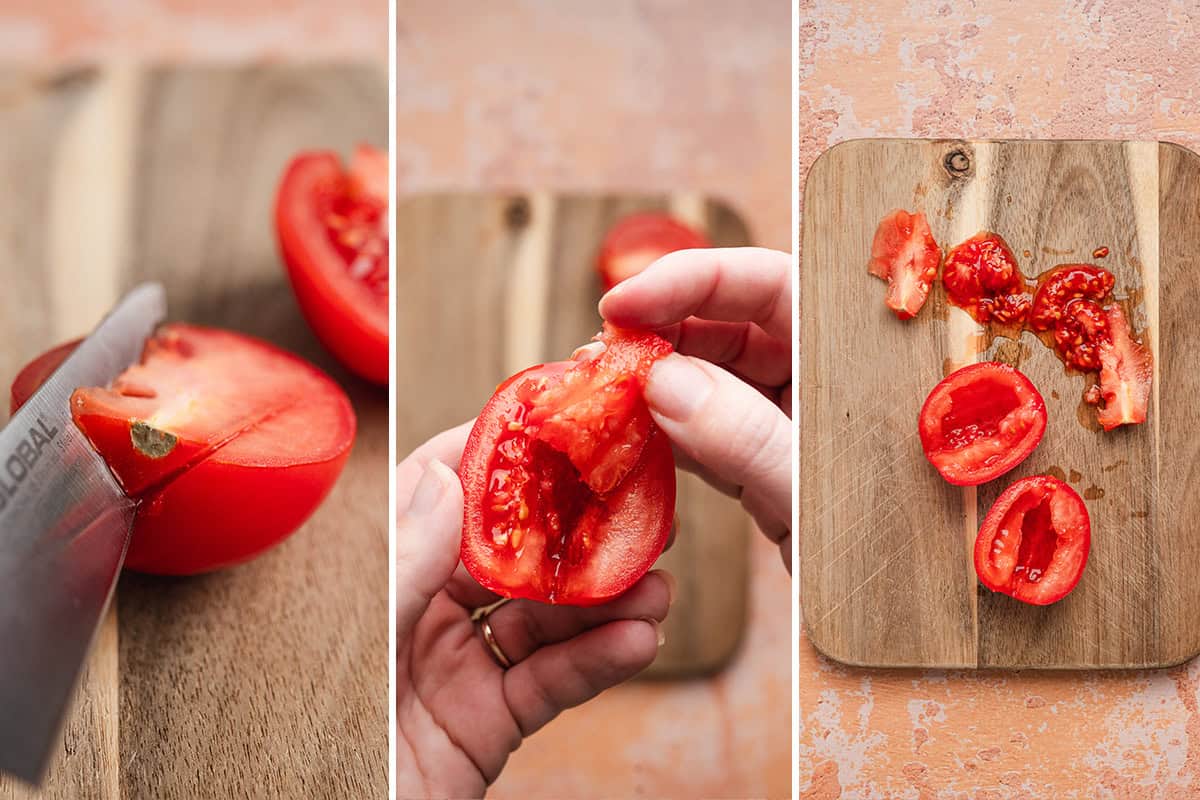 Cutting and removing seeds from Roma tomatoes on a wooden board to prepare pico de gallo