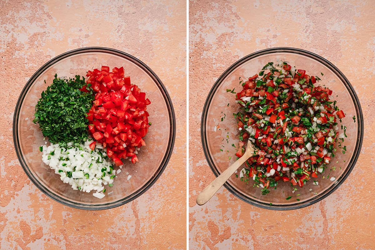 Chopped tomatoes, onion, jalapeño, and cilantro in a bowl before mixing into pico de gallo