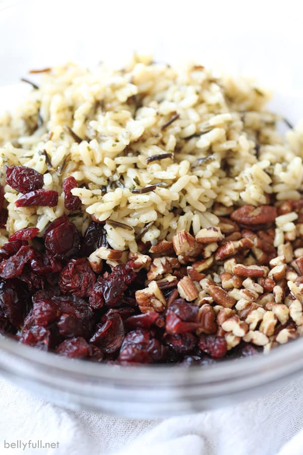 wild rice, dried cranberries, and pecans in bowl