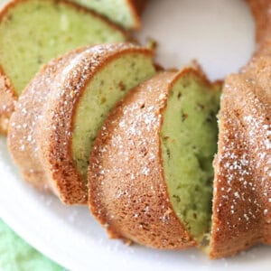 overhead pictures of sliced pistachio cake