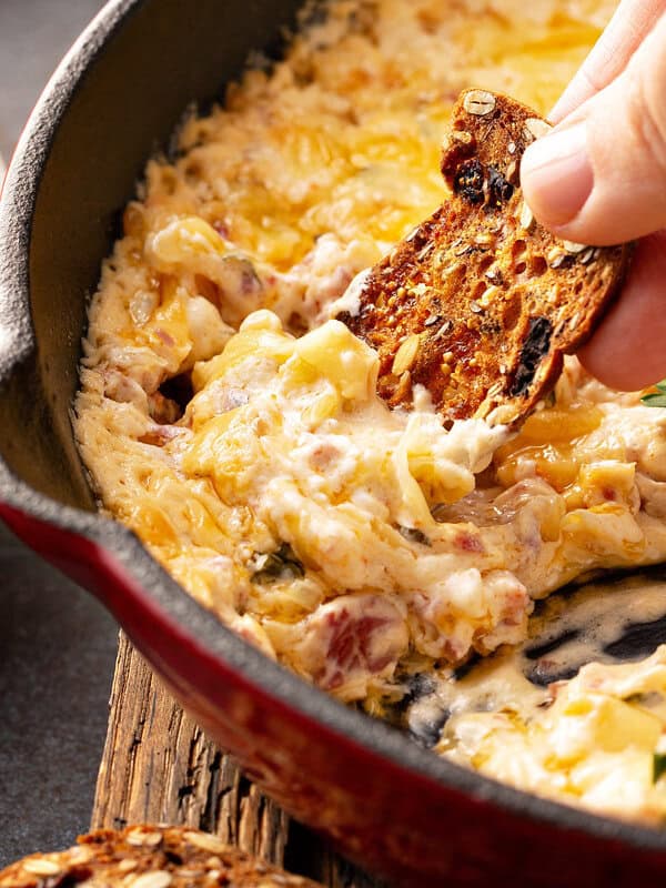 baked gooey Reuben Dip in skillet