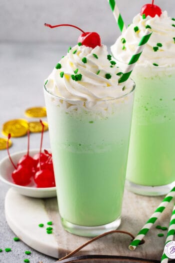 shamrock shake in tall glass with straw