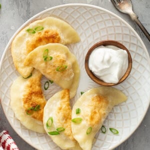 overhead picture of five pan fried homemade pierogi on plate with sour cream