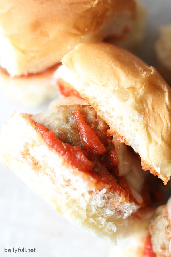 close up picture of meatball sliders