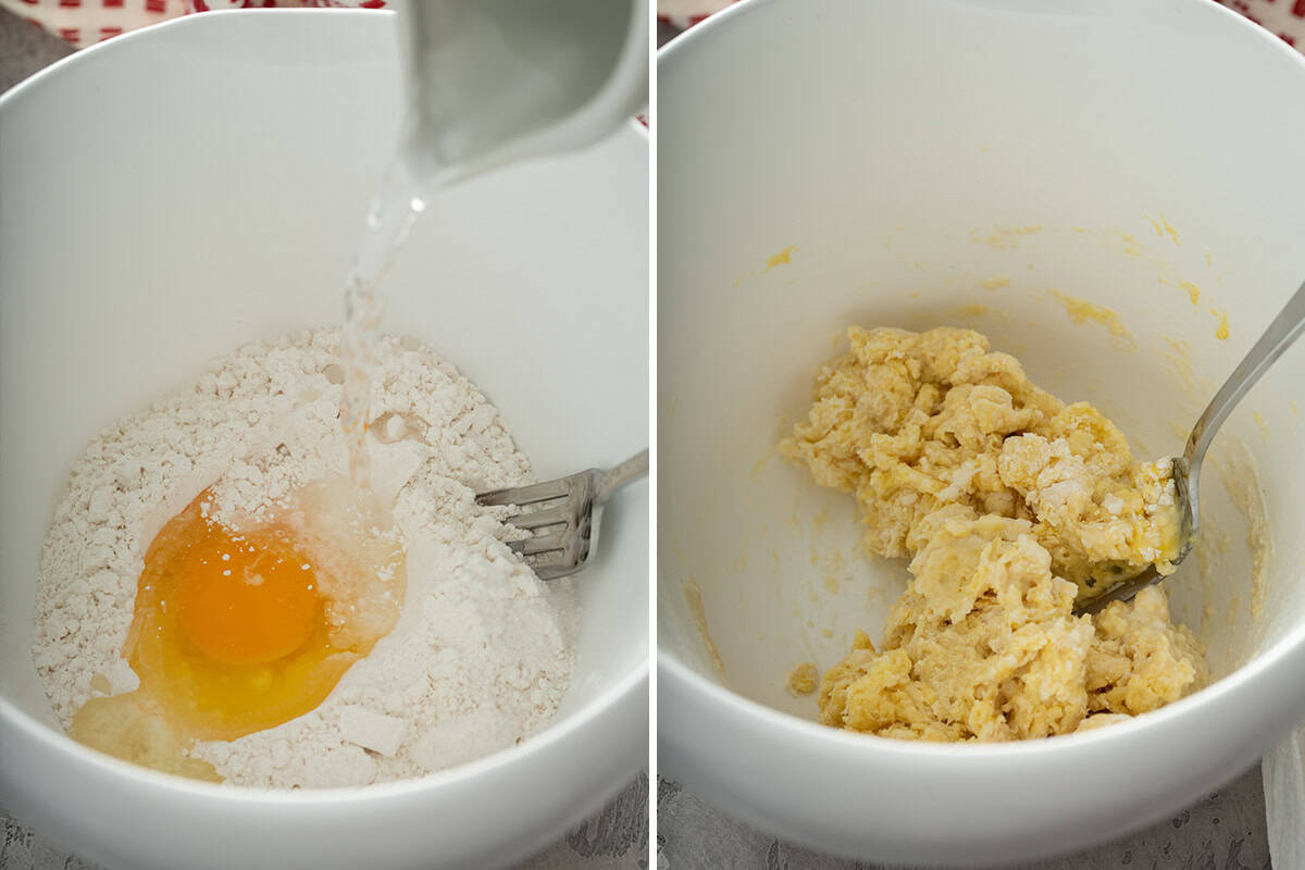 Mixing flour and water in a white bowl in one image and pierogi dough in a white bowl in the second image.