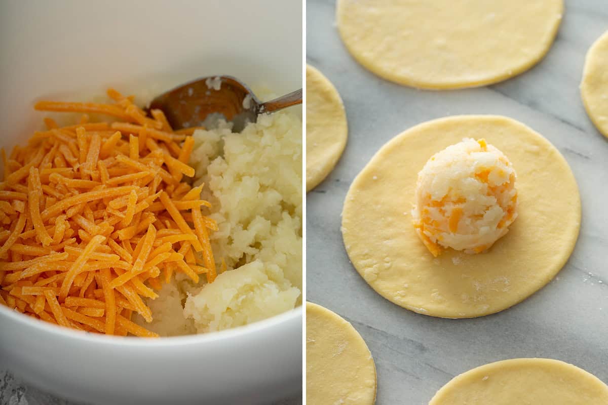 Cheese and mashed potatoes in a white bowl in one image and a tablespoon of the filling in the middle of the pierogi dough in the second image.