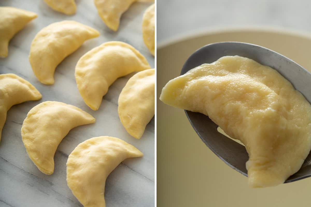 Sealed pierogi in the first image and a boiled pierogi in the second image.