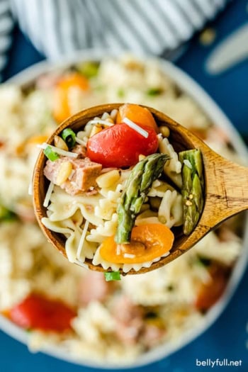 overhead close up picture of Italian Pasta Salad on wooden spoon