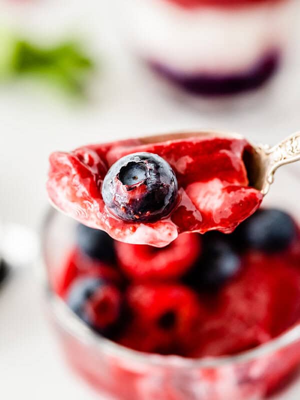 spoonful of yogurt slushie with a blueberry and raspberry puree