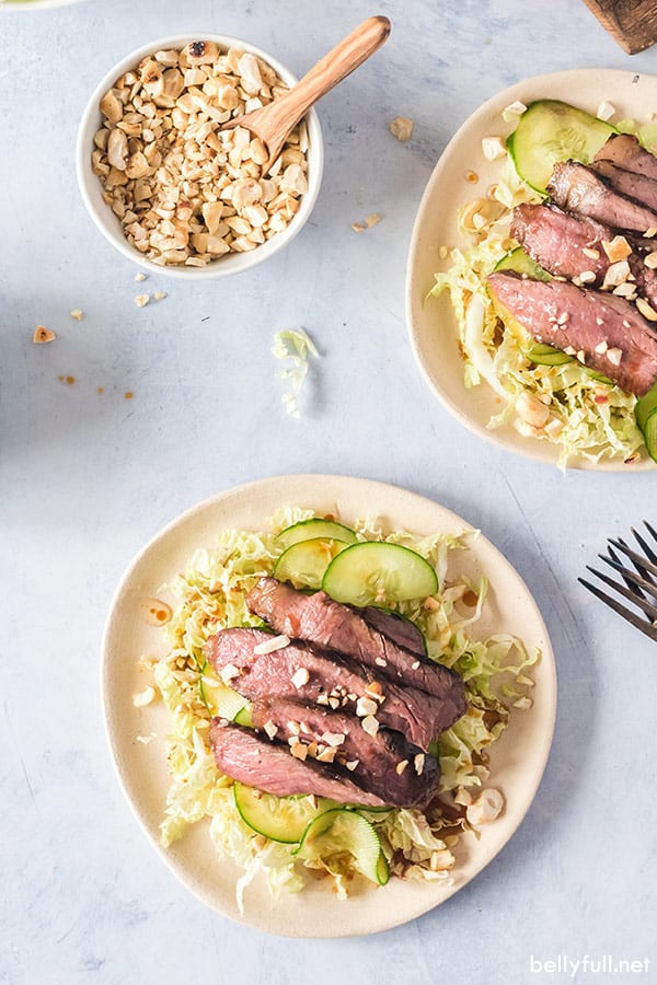 overhead of asian grilled steak salad