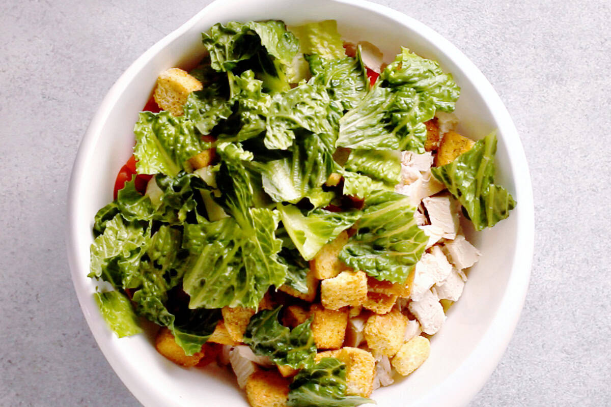 Ingredients to make chicken Caesar pasta salad.