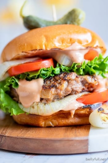 close up of grilled onion burger with all the fixins