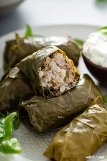 close up of Dolma (stuffed grapes leaves) split in half with rice and beef