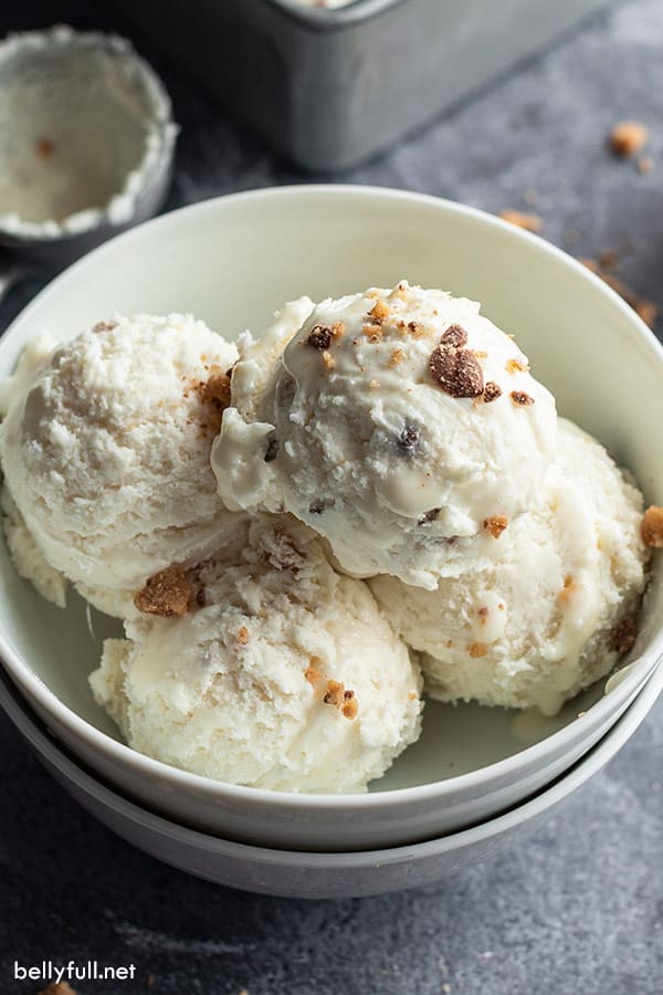 4 scoops of toffee flavored no churn ice cream in white bowl