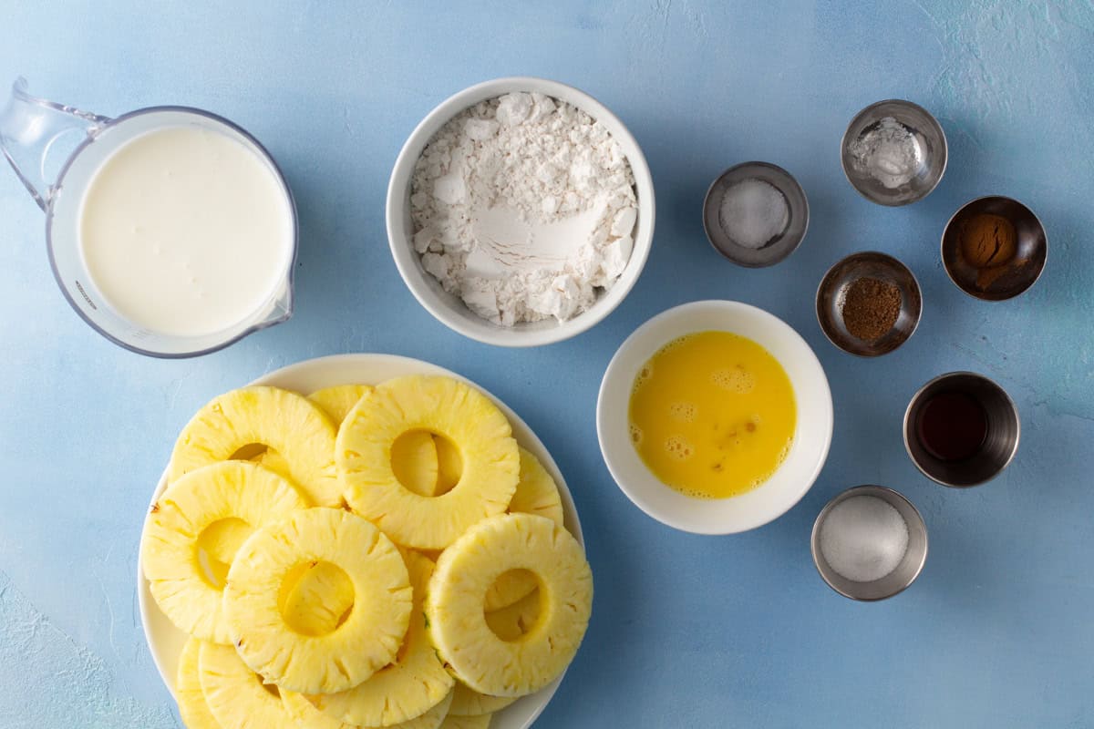 Ingredients to make pineapple fritter rings.