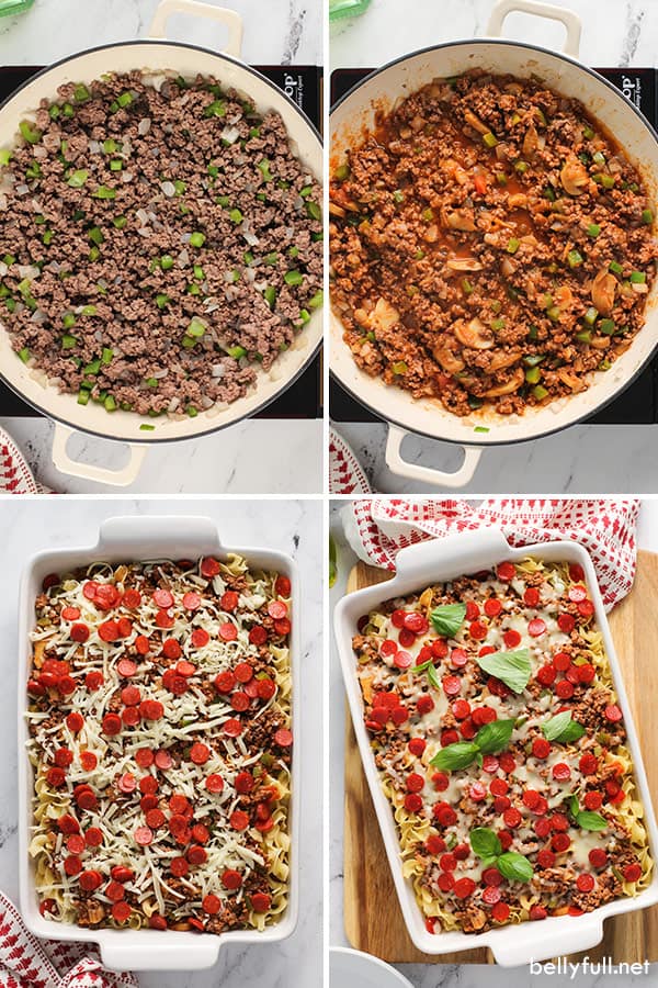 4 picture collage for step by step pizza noodle casserole